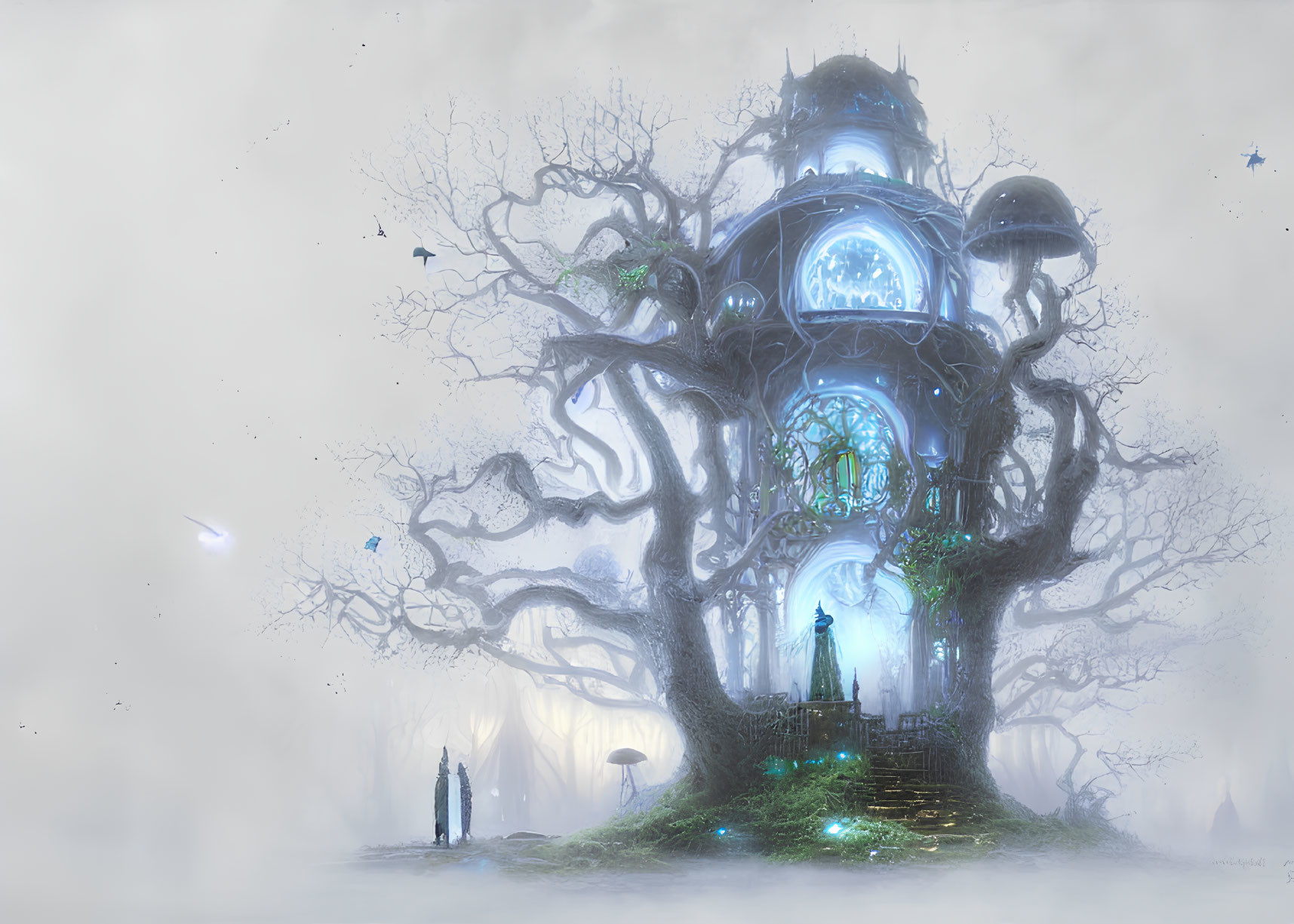 Enchanting treehouse in giant tree with glowing blue windows, mist, figures, and birds