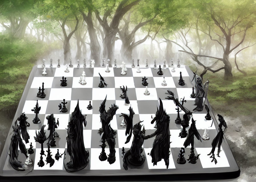 Fantasy-themed chess set in gothic style, set up in mystical forest clearing