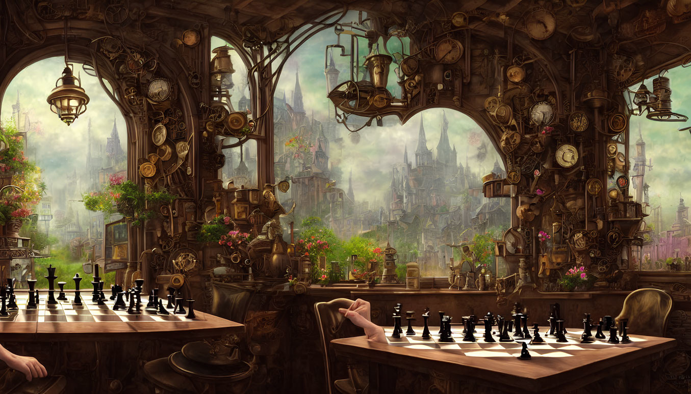 Steampunk-themed interior with chessboard, ornate clocks, and cityscape view.