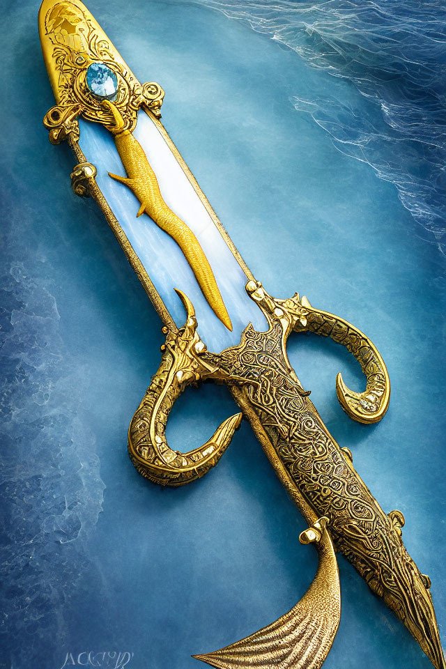 Intricate golden sword with blue gem on marbled background