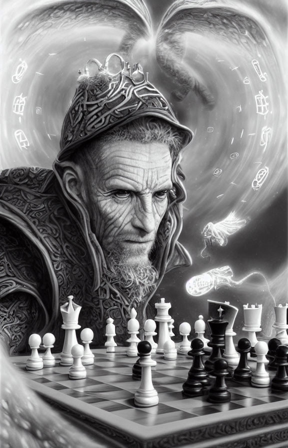 Elderly king in regal attire playing chess in mystical setting