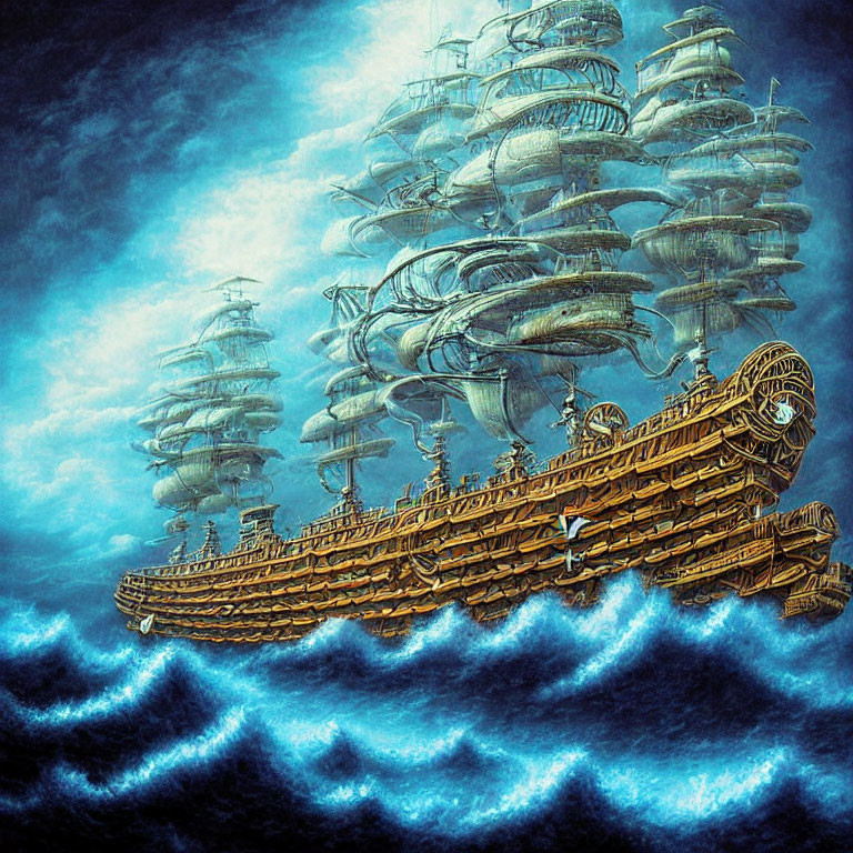 Fantastical ship with fish-like masts sails in dark blue waters
