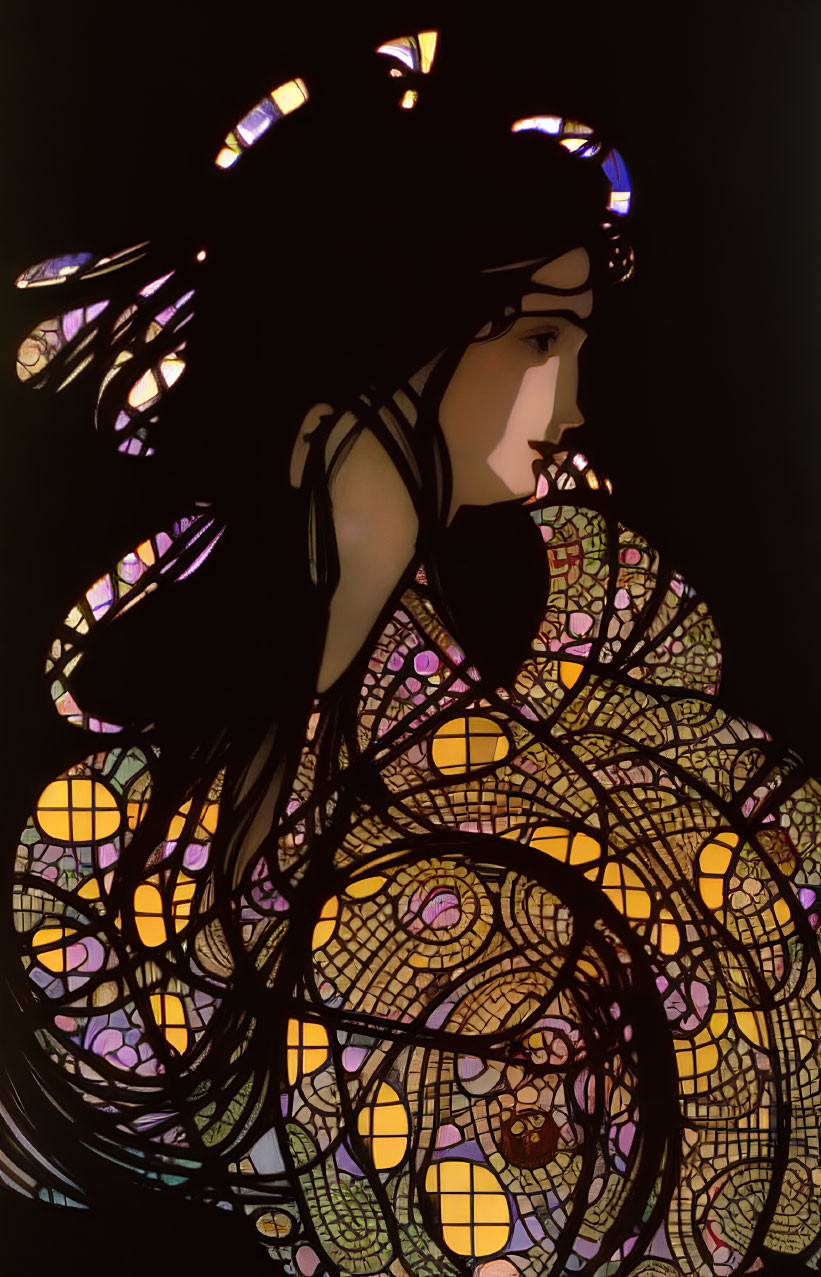 Illustration of a woman with stained glass motifs in Art Nouveau style