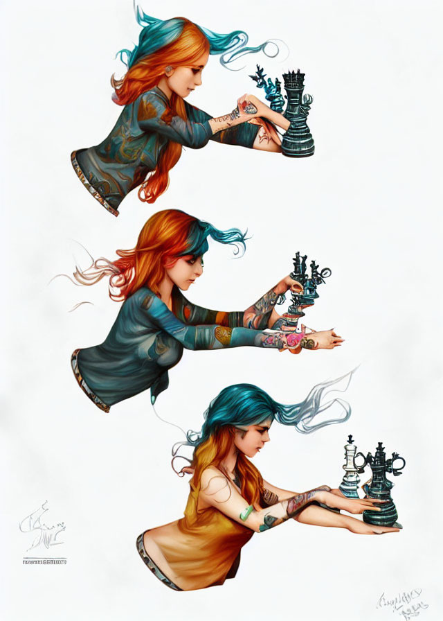 Three stylized illustrations of a tattooed woman playing chess with different hair colors.