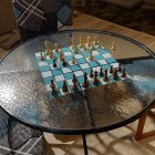 Intricate glass chessboard with midgame pieces on ornate wooden table