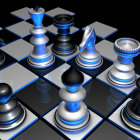 3D-rendered image of glossy black chess pieces on a checkered board