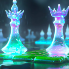 Stylized chess pieces on colorful geometric board