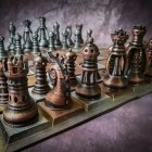 Colorful digital painting of chess set on celestial checkerboard