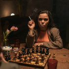 Young woman in dimly lit room at chessboard with opponent