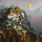 Golden-roofed palace on rugged mountain in moonlit snowy landscape