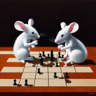 Illustrated mice playing chess on wooden table