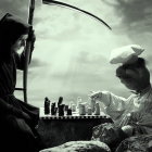 Grim Reaper with Glowing Blue Eye Playing Chess with Alien in Dark, Misty Scene