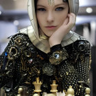 Futuristic armor woman contemplates chessboard with mechanical elements