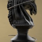 Stylized black knight chess piece with exaggerated features on geometric background