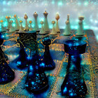 Futuristic illuminated chessboard with black and transparent pieces