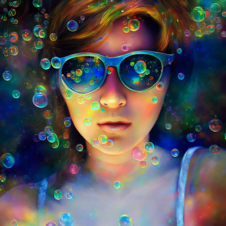 Person in Reflective Sunglasses Surrounded by Colorful Soap Bubbles in Cosmic Setting