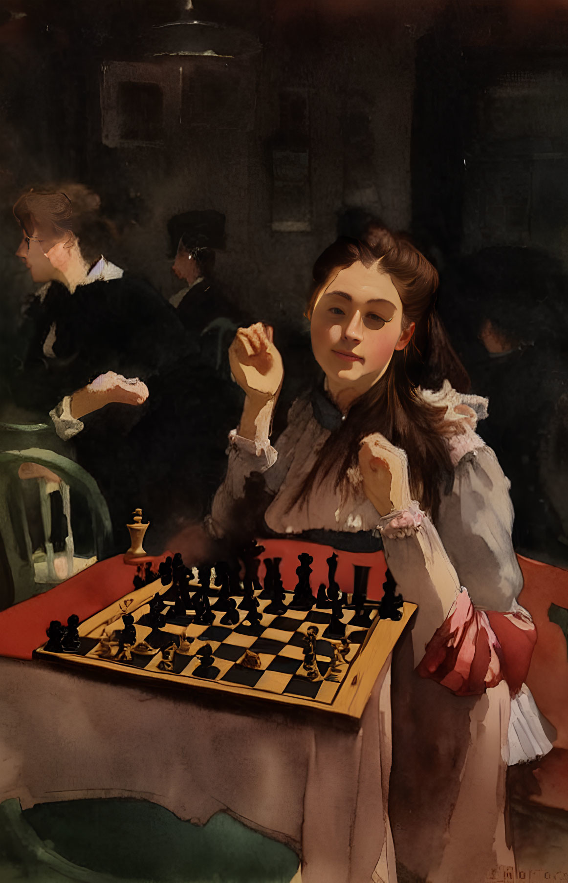Young woman in dimly lit room at chessboard with opponent