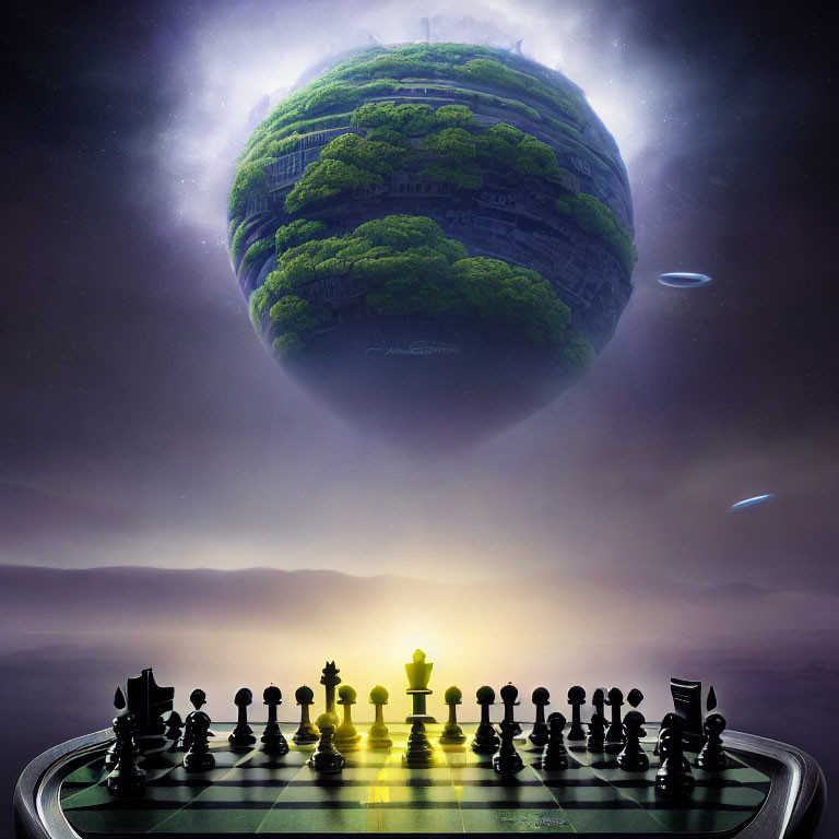 Chessboard with glowing king piece on surreal green planet.