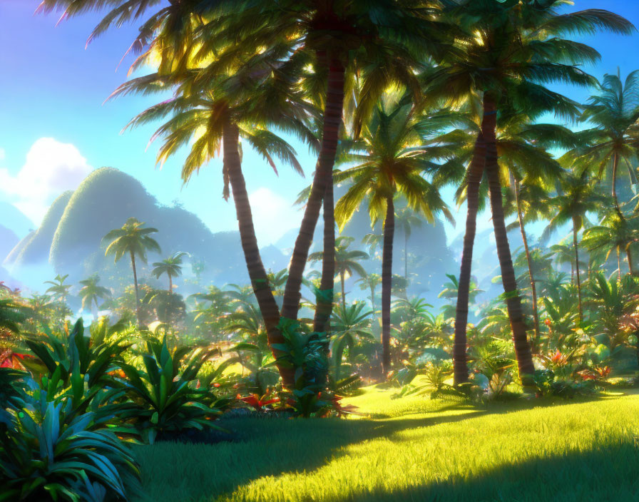 Tropical Landscape with Palm Trees and Greenery