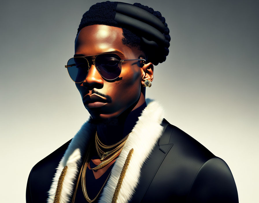 Fashionable Man in Sunglasses with Gold Chains and Fur Coat on Gradient Background