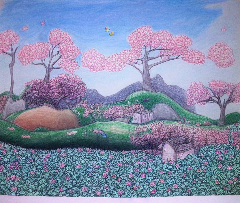 Serene landscape with pink trees, green hills, butterflies, and hidden house