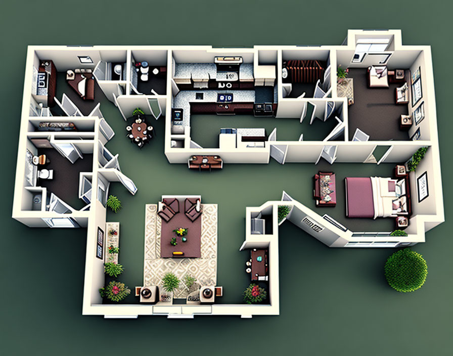 Detailed 3D Floor Plan of Furnished Apartment with Multiple Rooms, Kitchen, Living Area, Bedrooms