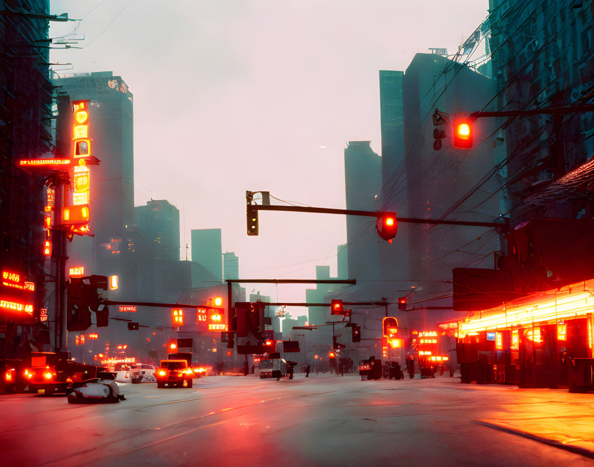 City street scene with wet roads reflecting neon signs and traffic lights under overcast sky