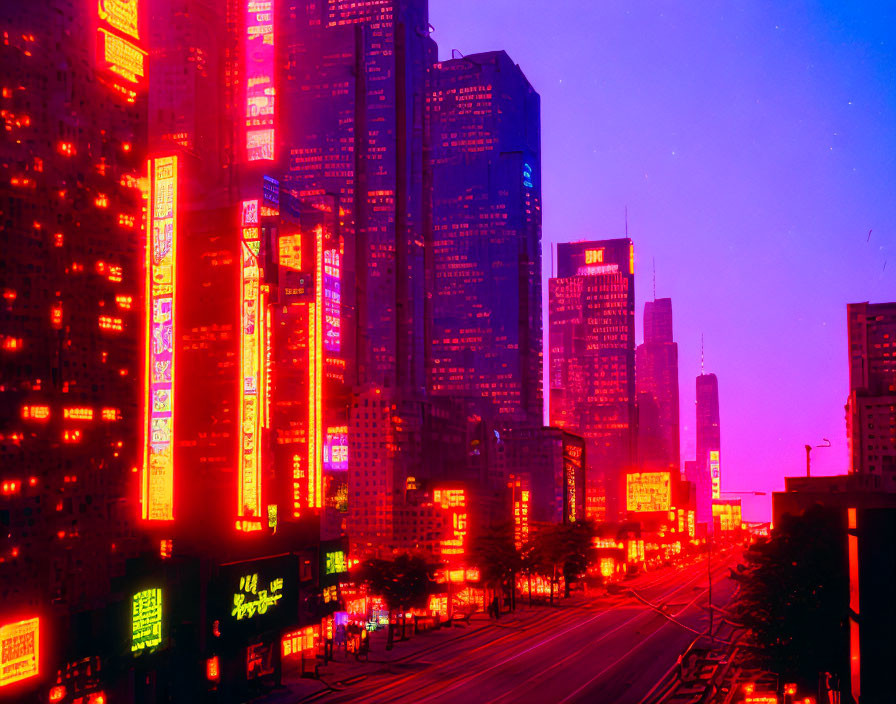 Neon-lit cityscape with skyscrapers at dusk
