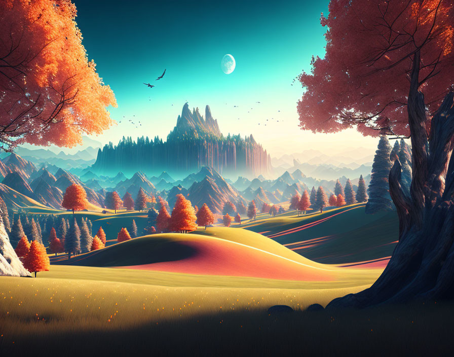 Colorful Autumn Fantasy Landscape with Mountains, Moon, and Birds