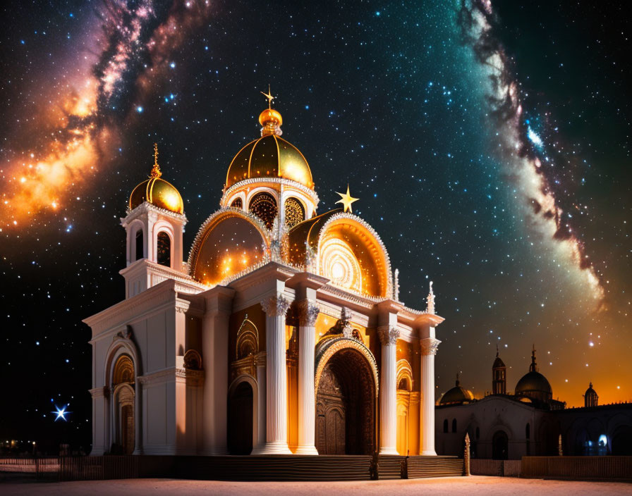 Starry Night Sky Over Illuminated Church