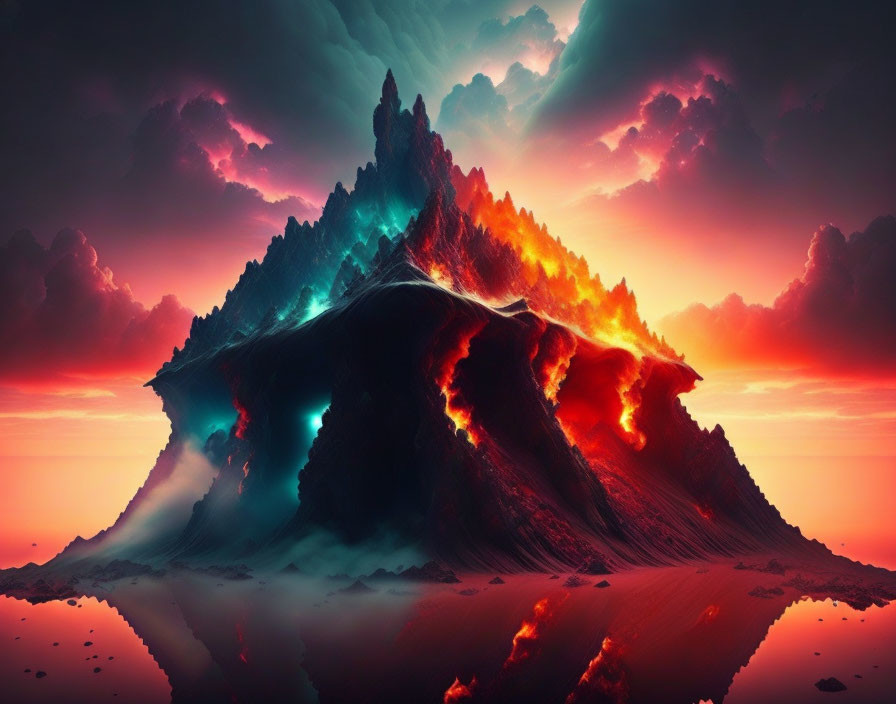 Vivid digital artwork: Fiery volcanic eruption with dramatic sky & water reflection
