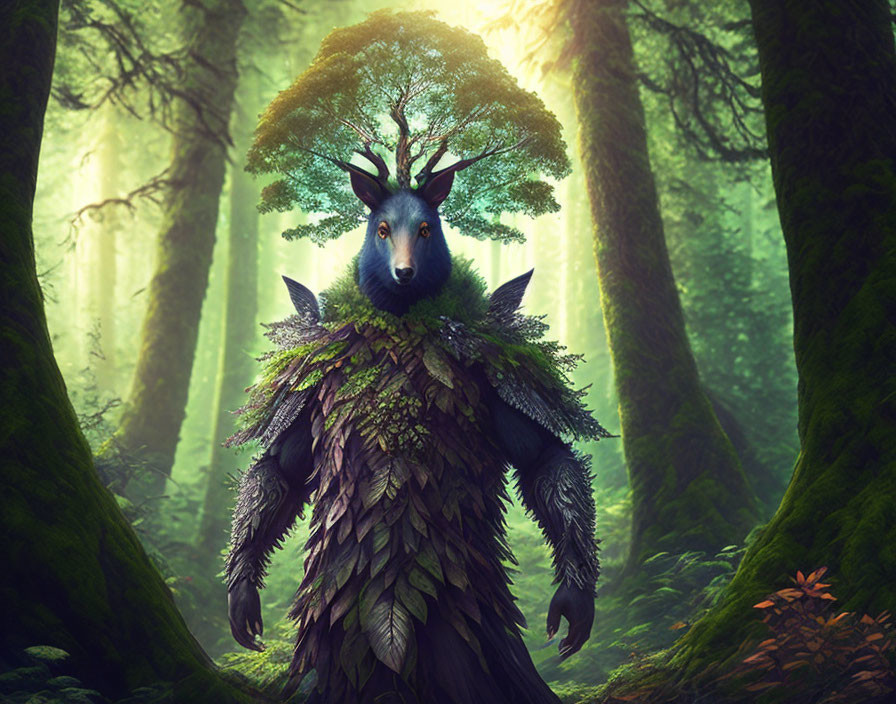 Mystical creature with stag body and tree head in ethereal forest