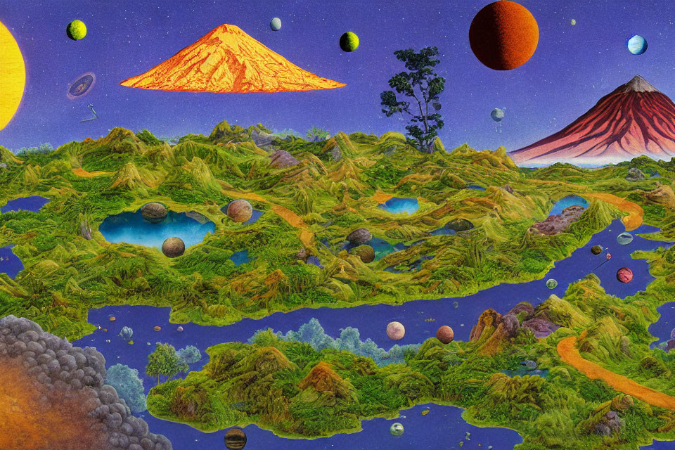 Fantastical landscape with volcanoes, lakes, and outer space sky