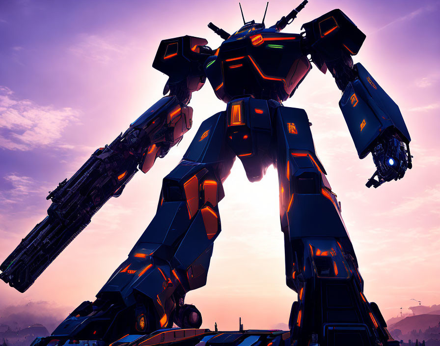 Gigantic Blue and Orange Robot with Heavy Weapons in Twilight Sky