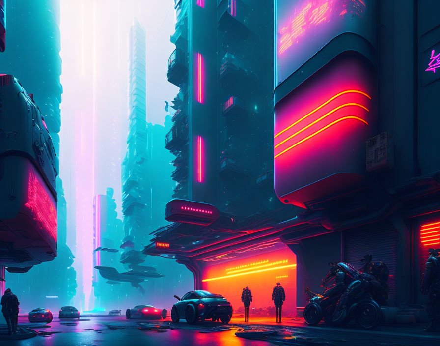 Futuristic neon-lit cityscape with skyscrapers, flying vehicles, and sports car