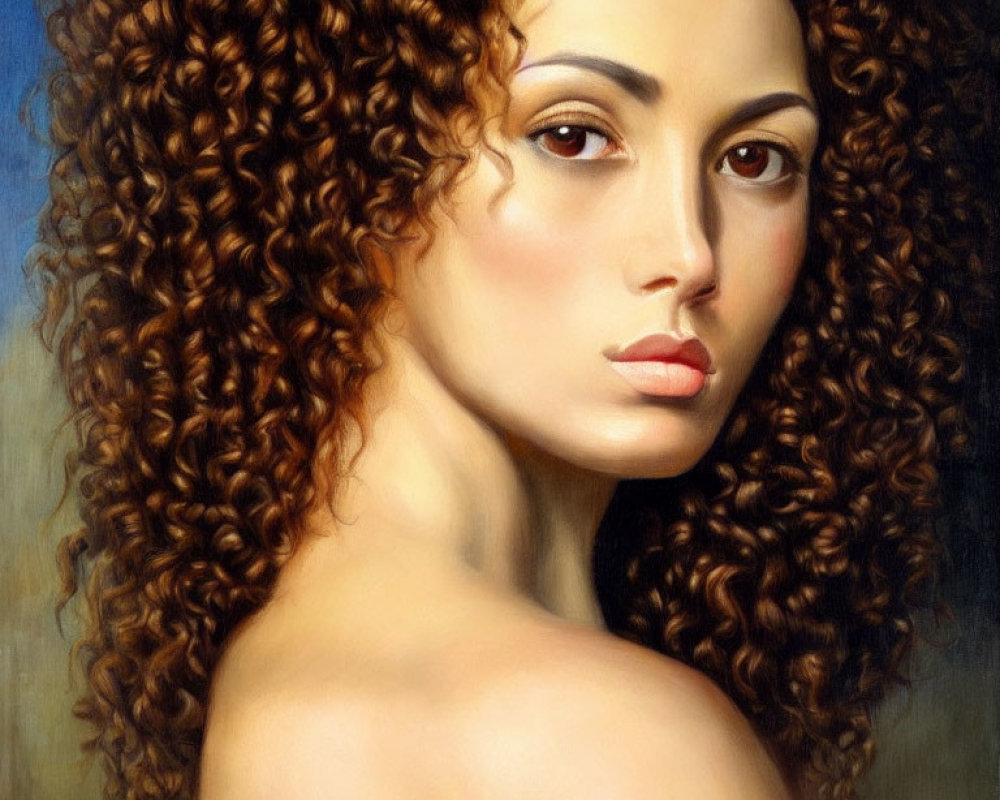 Portrait of woman with voluminous curly hair and striking facial features