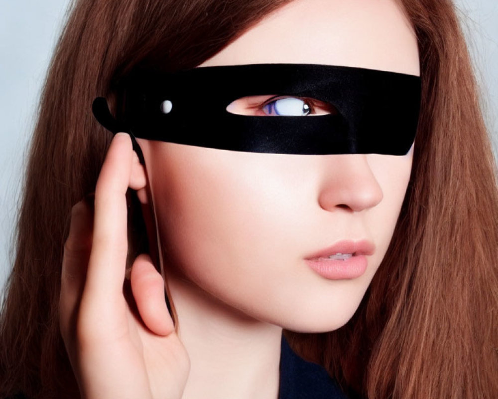 Person with long brown hair wearing black eye mask, touching it.
