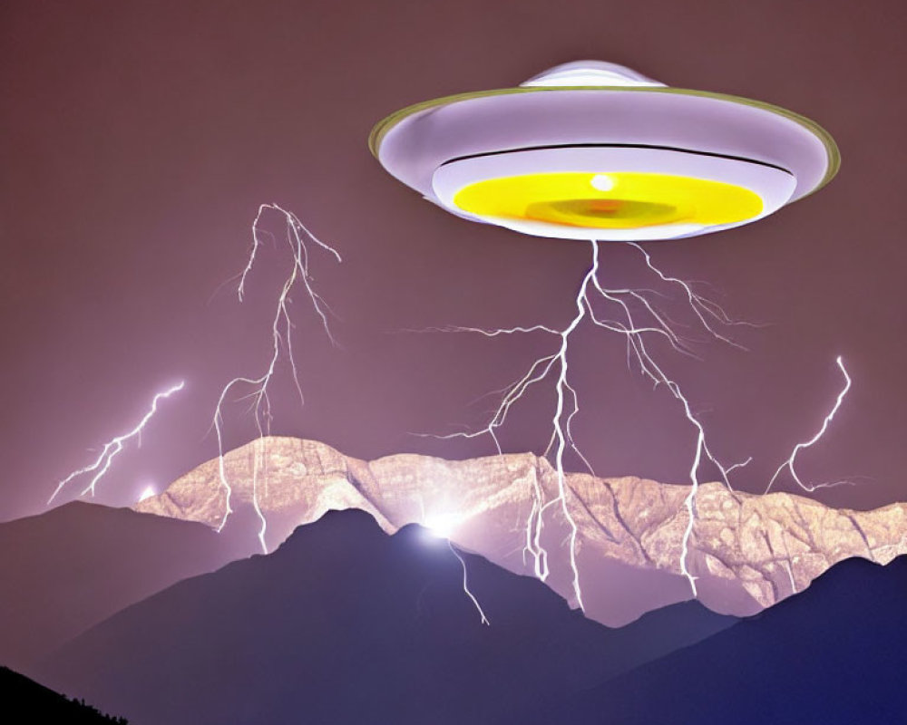 Unidentified Flying Object over Mountain Landscape with Lightning