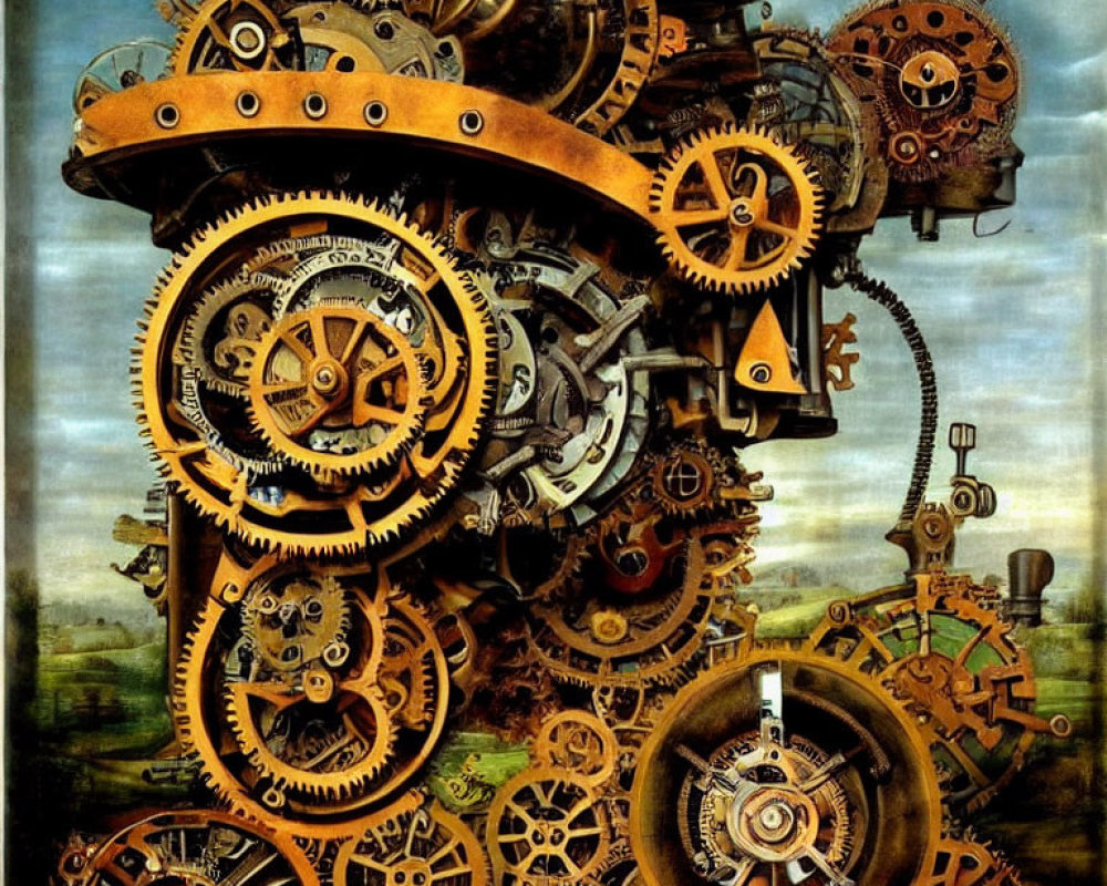 Intricate array of interlocking gears and cogs in surreal tower