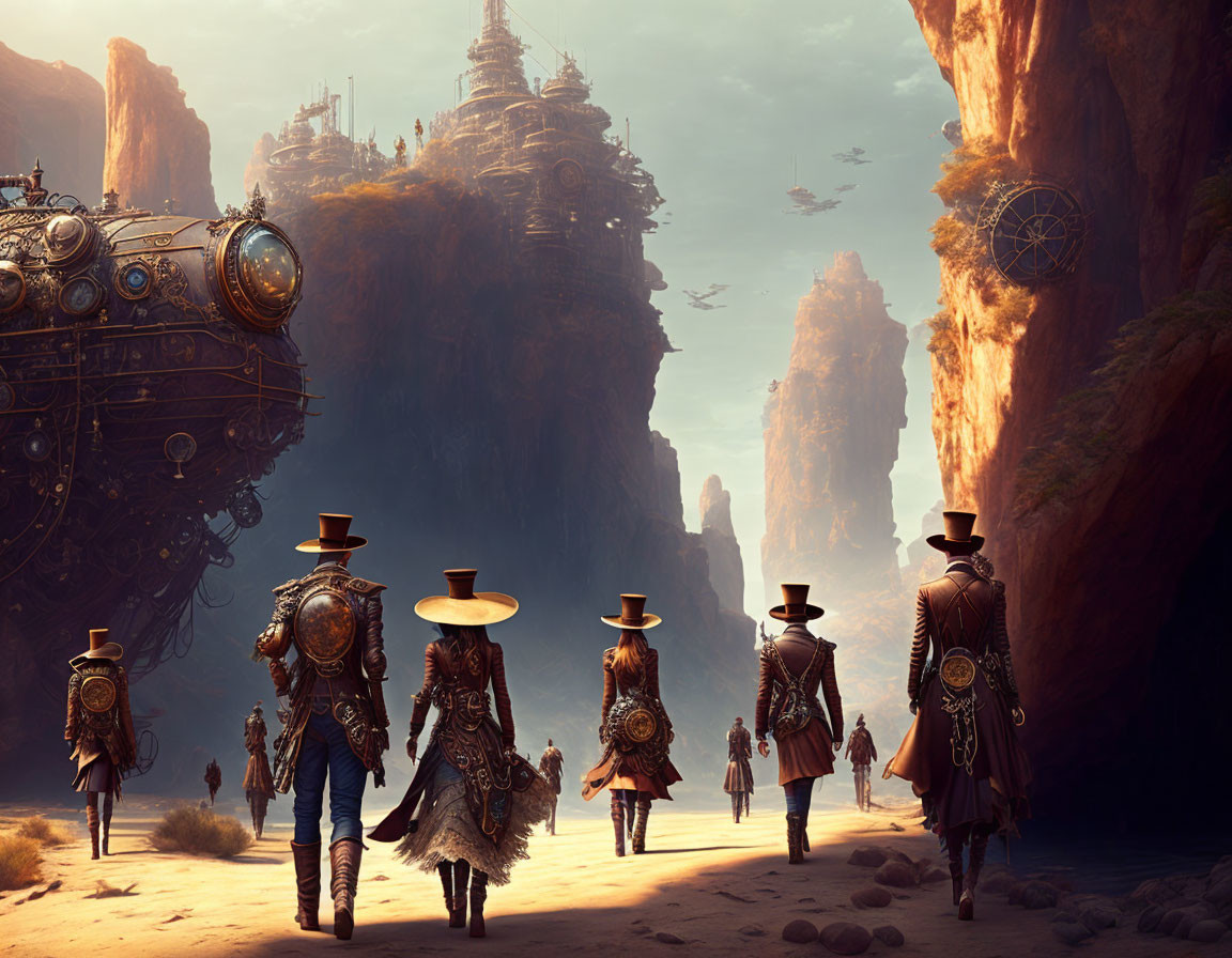 steampunk landscape with some people walking
