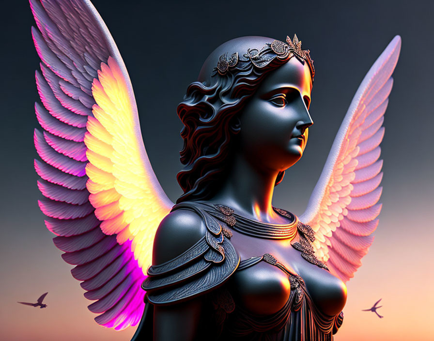 Digital Artwork: Angel with Radiant Wings and Armor in Dusky Sky