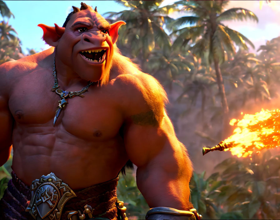 Muscular orc with tusks grinning, breathing fire in tropical forest