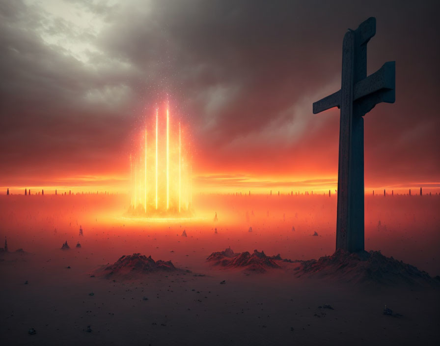 Wooden Cross in Barren Landscape with Dramatic Sky and Bright Light Beam
