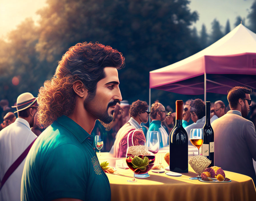 Man with Curly Hair at Outdoor Event with People, Wine, and Fruit in Forest-Like Setting