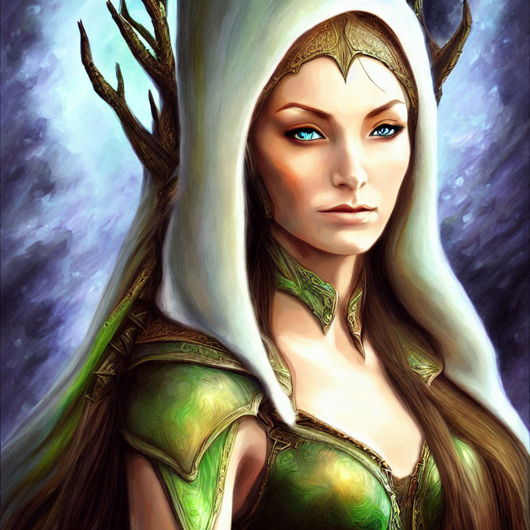 Elven queen with long white hair in green and gold armor