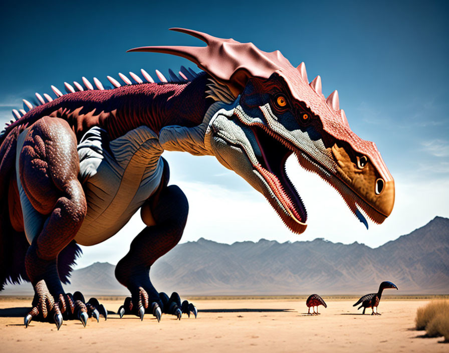 Massive red-crested dragon in desert landscape with small dark birds