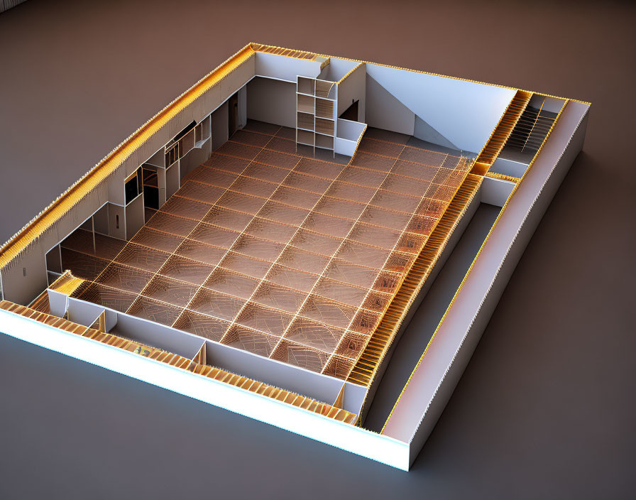 Detailed 3D cutaway of empty commercial space with shelves, showcasing interior layout and lighting on brown
