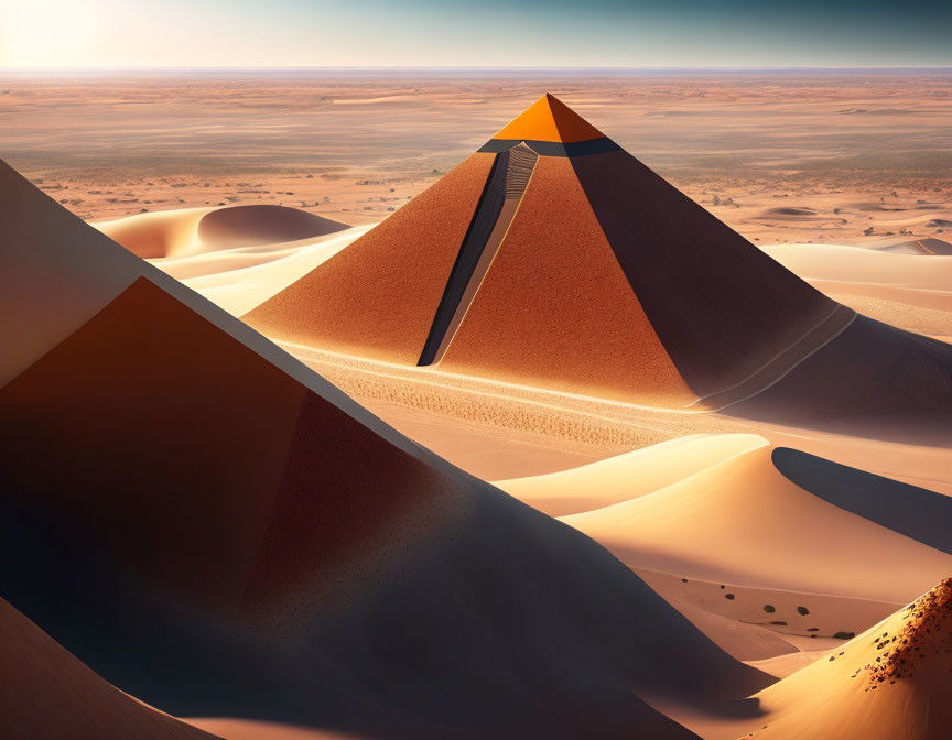Sleek modern pyramid with orange peak in desert landscape