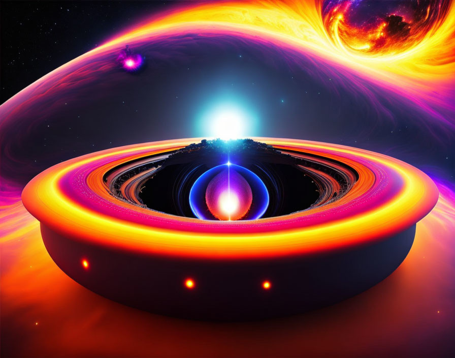 Colorful Digital Artwork: Black Hole with Glowing Accretion Disk & Celestial Bodies