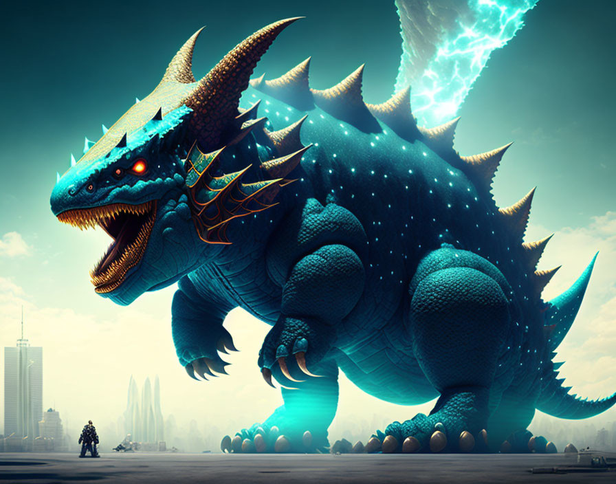 Gigantic blue dragon confronts human in cityscape with energy beam